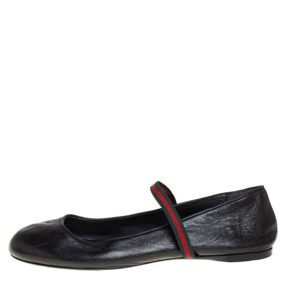 Gucci Black Leather Web Ballet Flats Size 36 - Picture 2 of 4